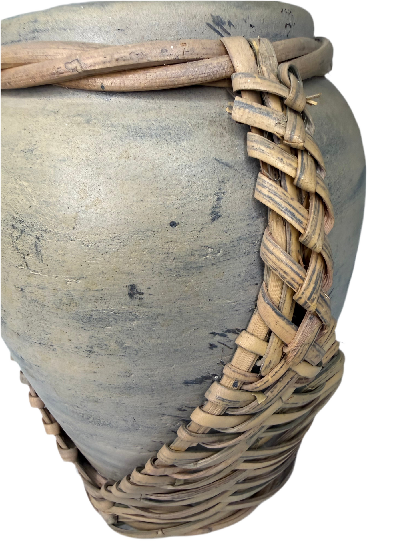 Rustic Pottery Vase with Woven Rattan Handle – Boho Farmhouse Decor