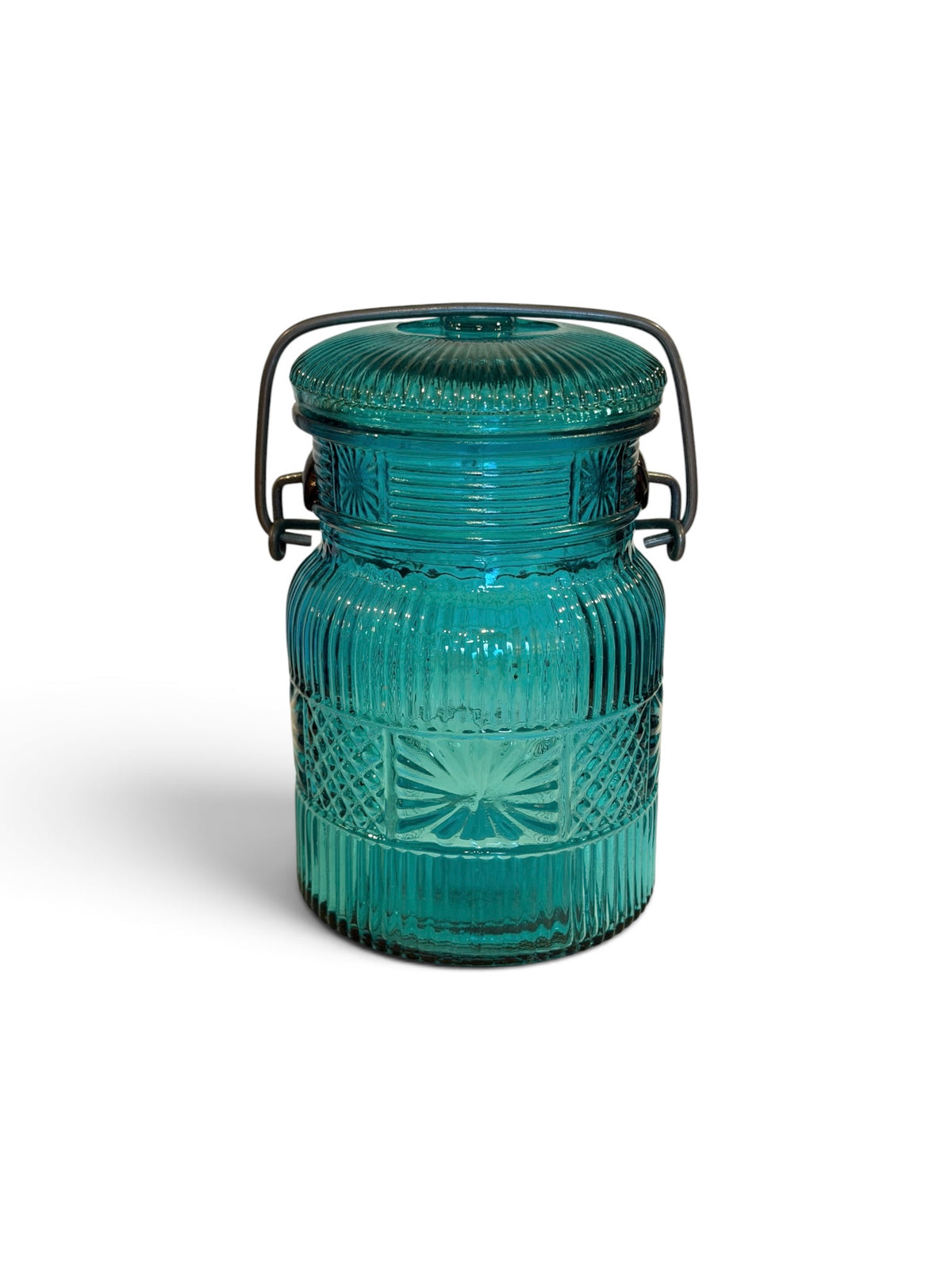 Avon Teal Glass Mason Jar Canister – Vintage 1970s Bail Lid Jar