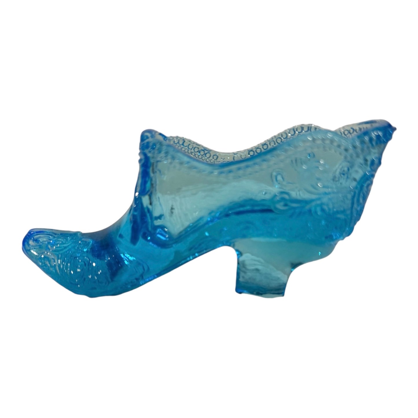 Mosser Glass #109 Scroll & Bow Vintage Slipper – Aqua Blue Victorian Shoe – 4.5”