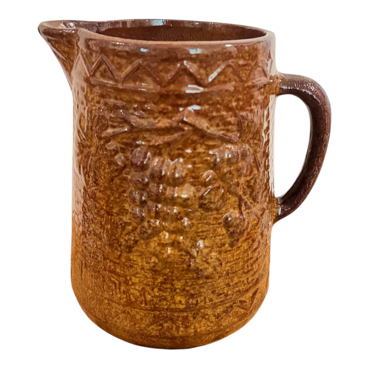 Antique Brown Stoneware Pitcher | Grape & Trellis Relief Pattern | Circa 1890s–Early 1900s