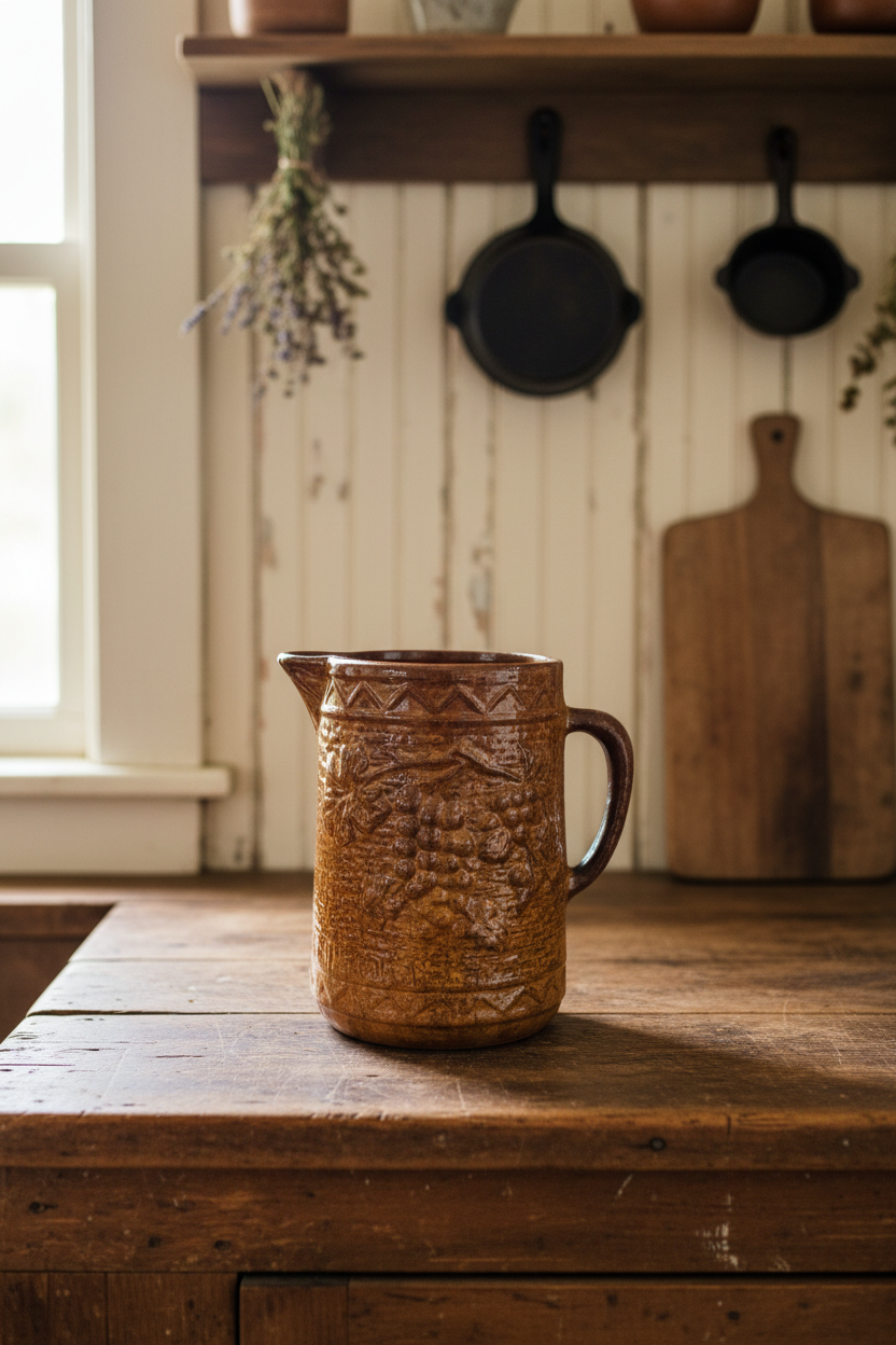 Antique Brown Stoneware Pitcher | Grape & Trellis Relief Pattern | Circa 1890s–Early 1900s
