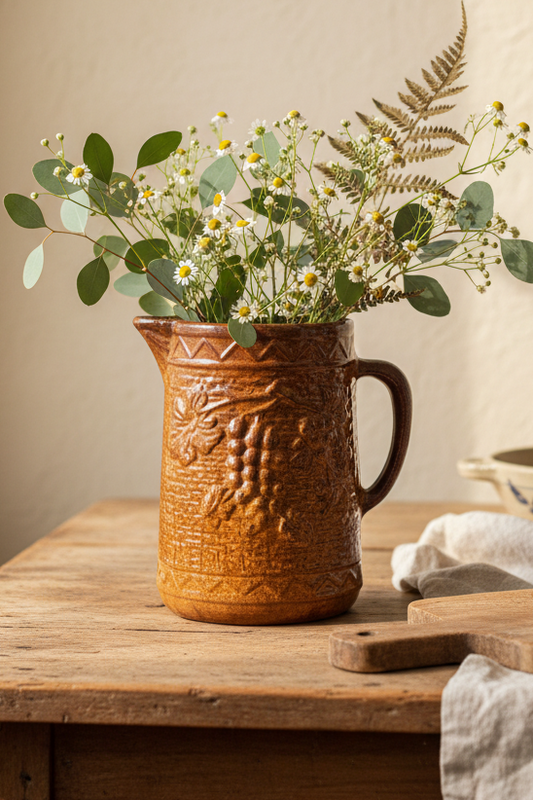 Antique Brown Stoneware Pitcher | Grape & Trellis Relief Pattern | Circa 1890s–Early 1900s