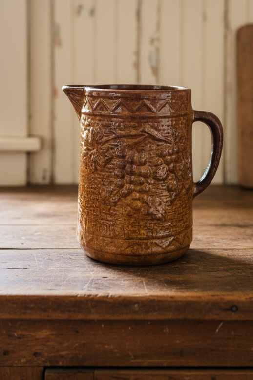 Antique Brown Salt-Glazed Stoneware Pitcher | Grape & Trellis Relief Pattern | Circa 1890s–Early 1900s