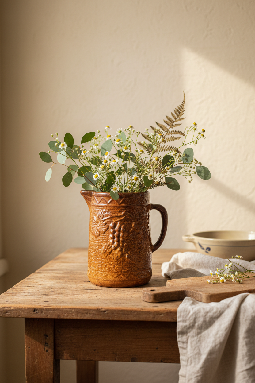 Antique Brown Stoneware Pitcher | Grape & Trellis Relief Pattern | Circa 1890s–Early 1900s