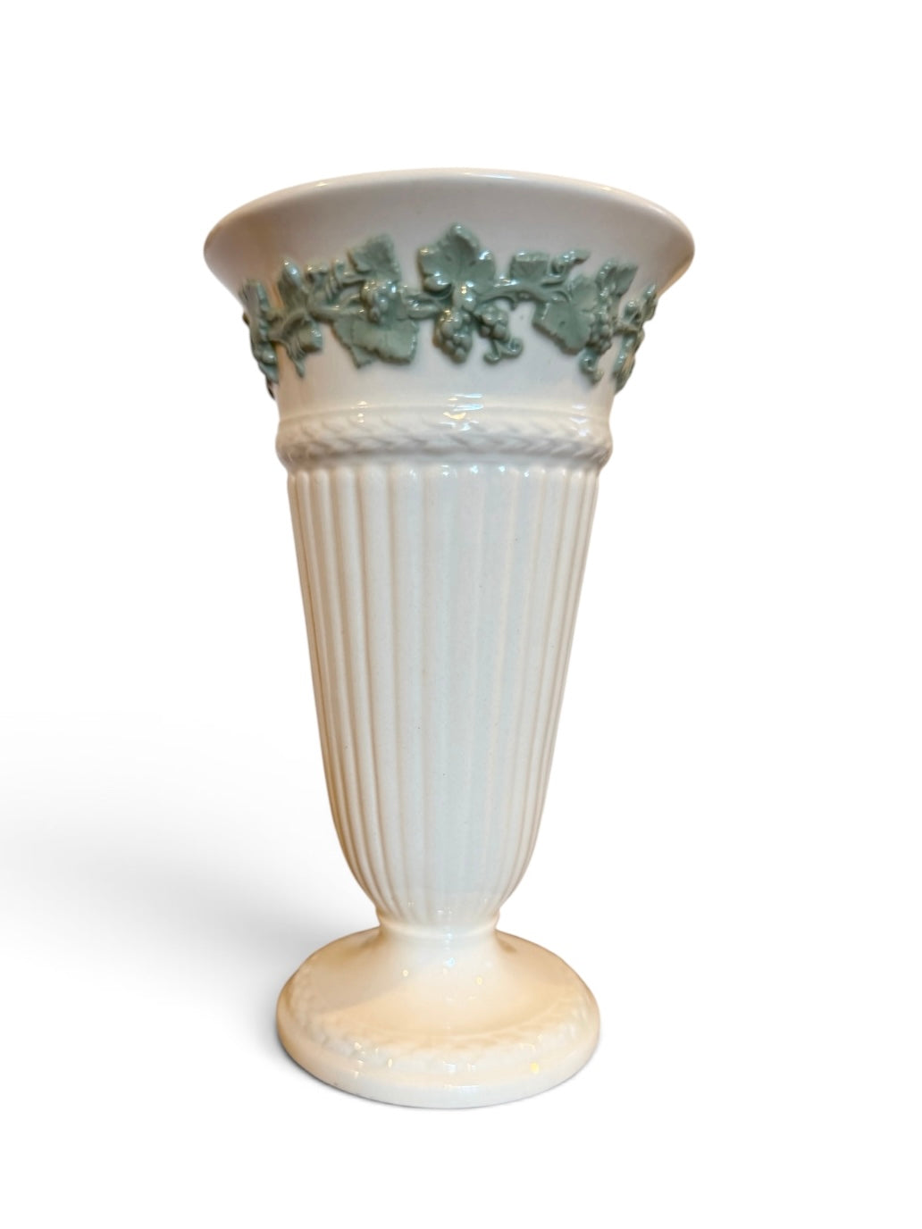Wedgwood Embossed Queen’s Ware Celadon Green Grapevine Trumpet Vintage Vase – England – 6.5”