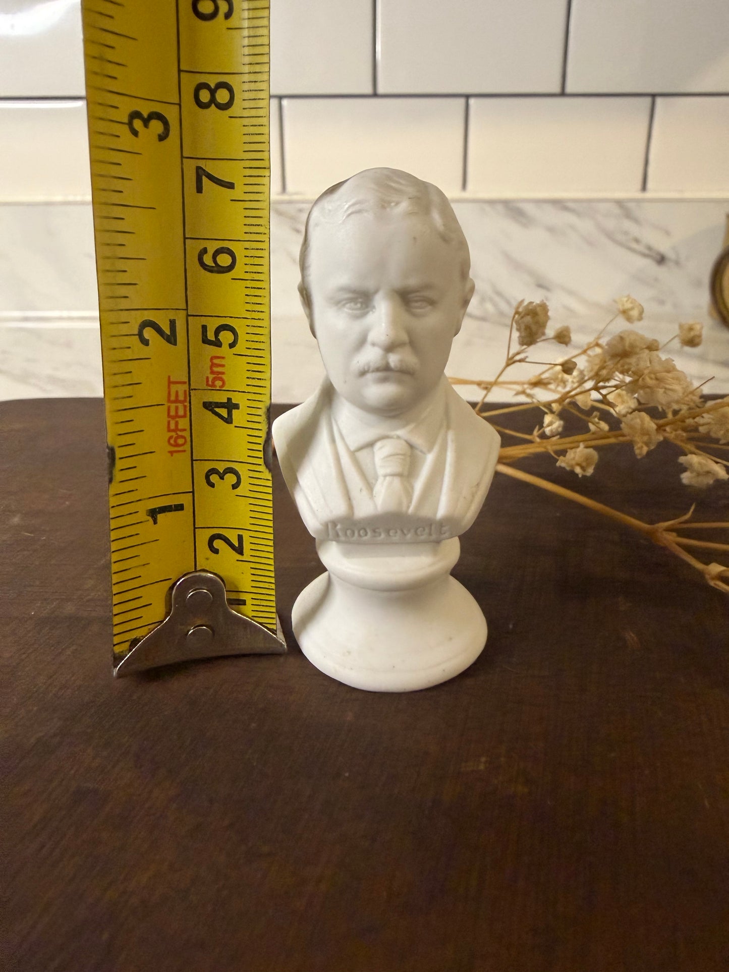 Miniature Vintage Theodore Roosevelt Mini Ceramic Bust – White Bisque Porcelain – 2.5” Presidential Figurine