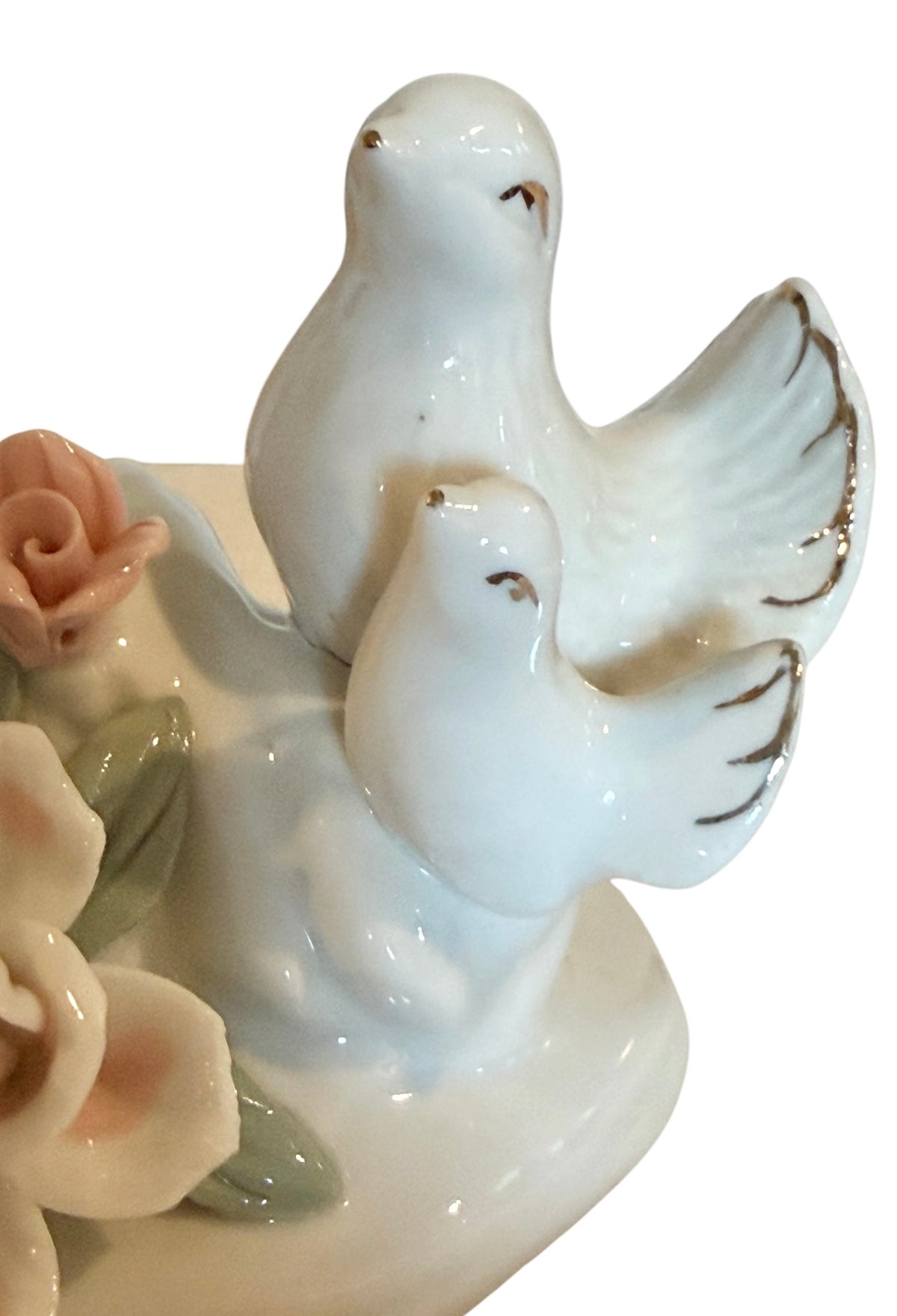 Porcelain Vintage Dove Family Figurine with Applied Flowers & Gold Accents