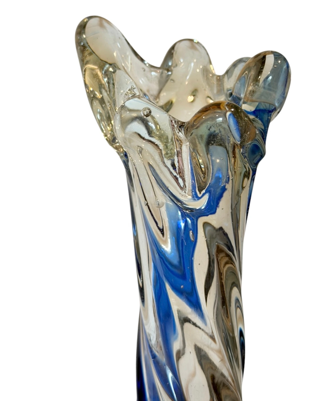 Murano Style Art Vintage Glass Finger Swung Bud Vase | Cobalt Blue Twisted Ribbon Spiral | 9”