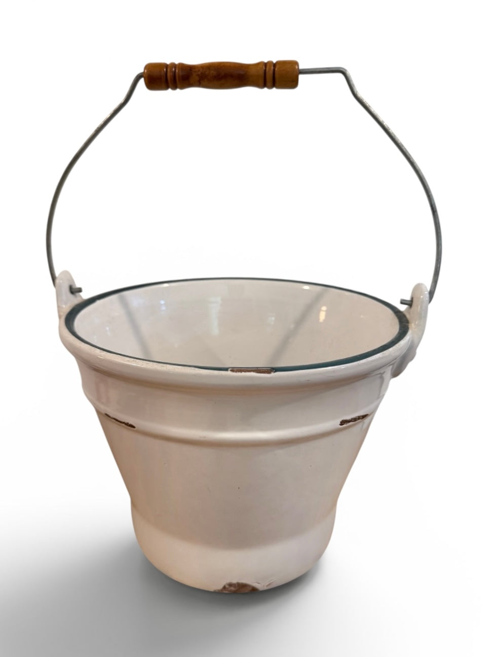 Norcal Vintage Pottery White Faux Enamelware Bucket with Blue Rim & Handle – Vintage Farmhouse Decor
