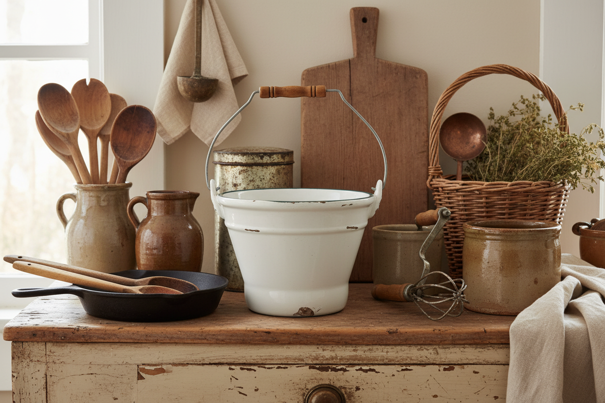Norcal Vintage Pottery White Faux Enamelware Bucket with Blue Rim & Handle – Vintage Farmhouse Decor