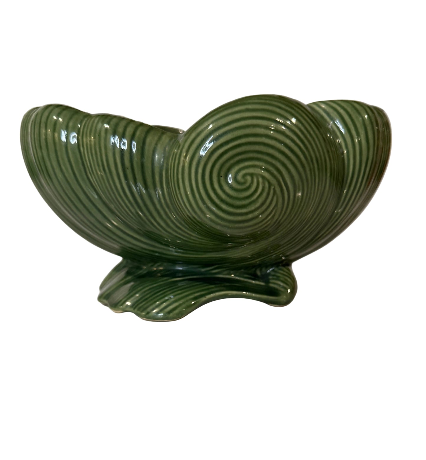 Vintage Dark Green Ceramic Shell Planter | Art Deco / MCM Style
