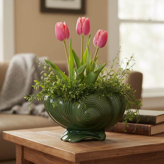 Vintage Dark Green Ceramic Shell Planter | Art Deco / MCM Style