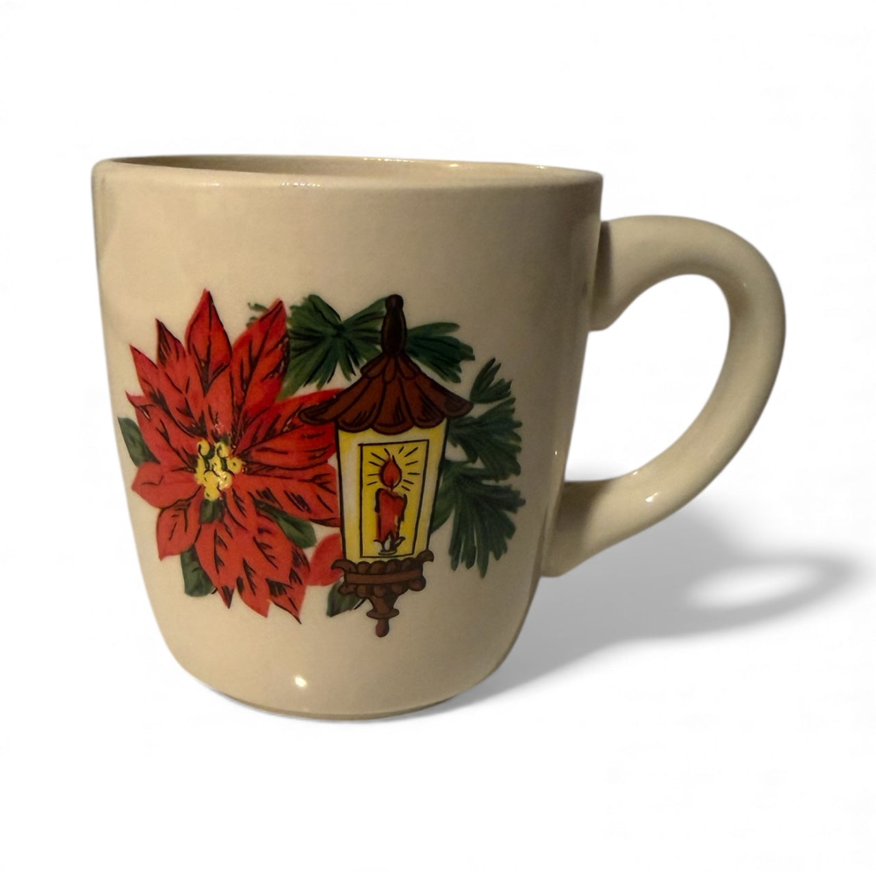 Vintage Homer Laughlin “Poinsettia & Lantern” Holiday Mug – Rare Seasonal Collectible, USA Made