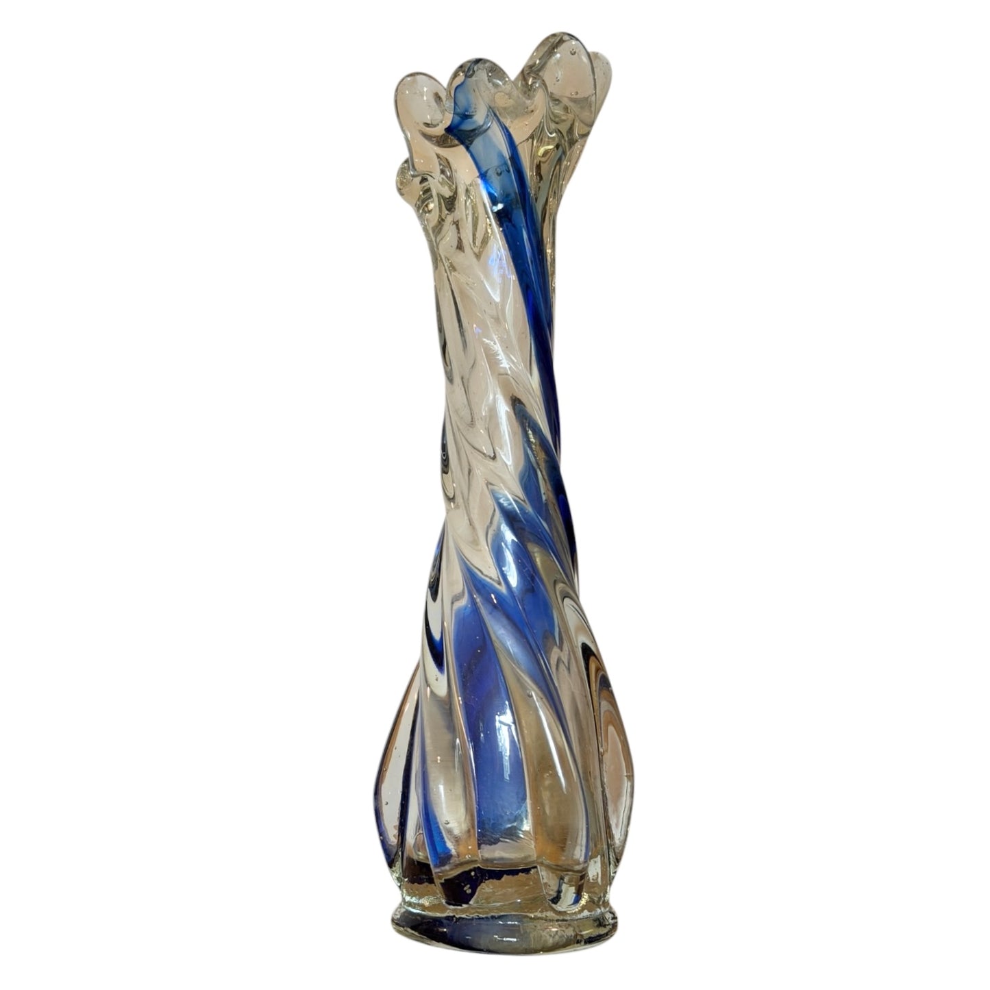 Murano Style Art Vintage Glass Finger Swung Bud Vase | Cobalt Blue Twisted Ribbon Spiral | 9”