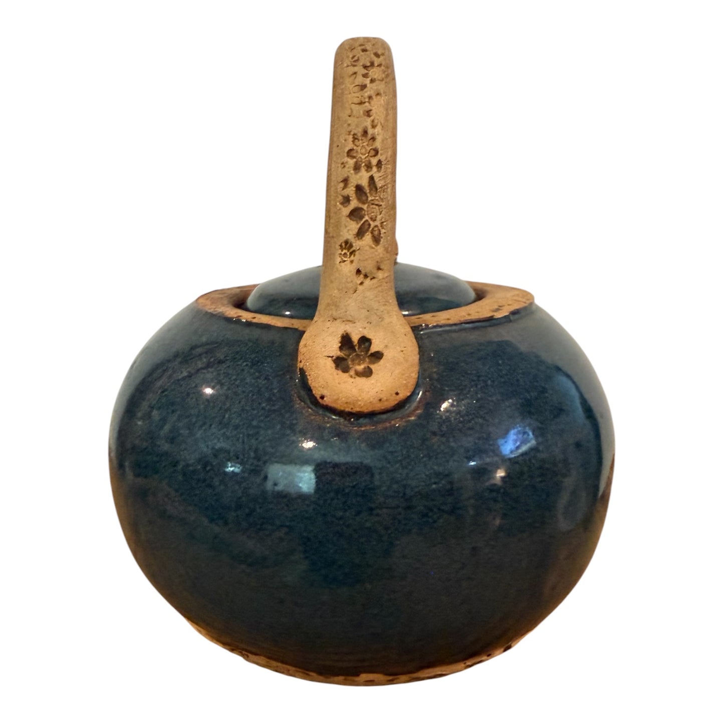 Hand-Thrown Studio Pottery Teapot – Blue/Teal Reactive Glaze with Overhead Clay Handle & Spiral Finial