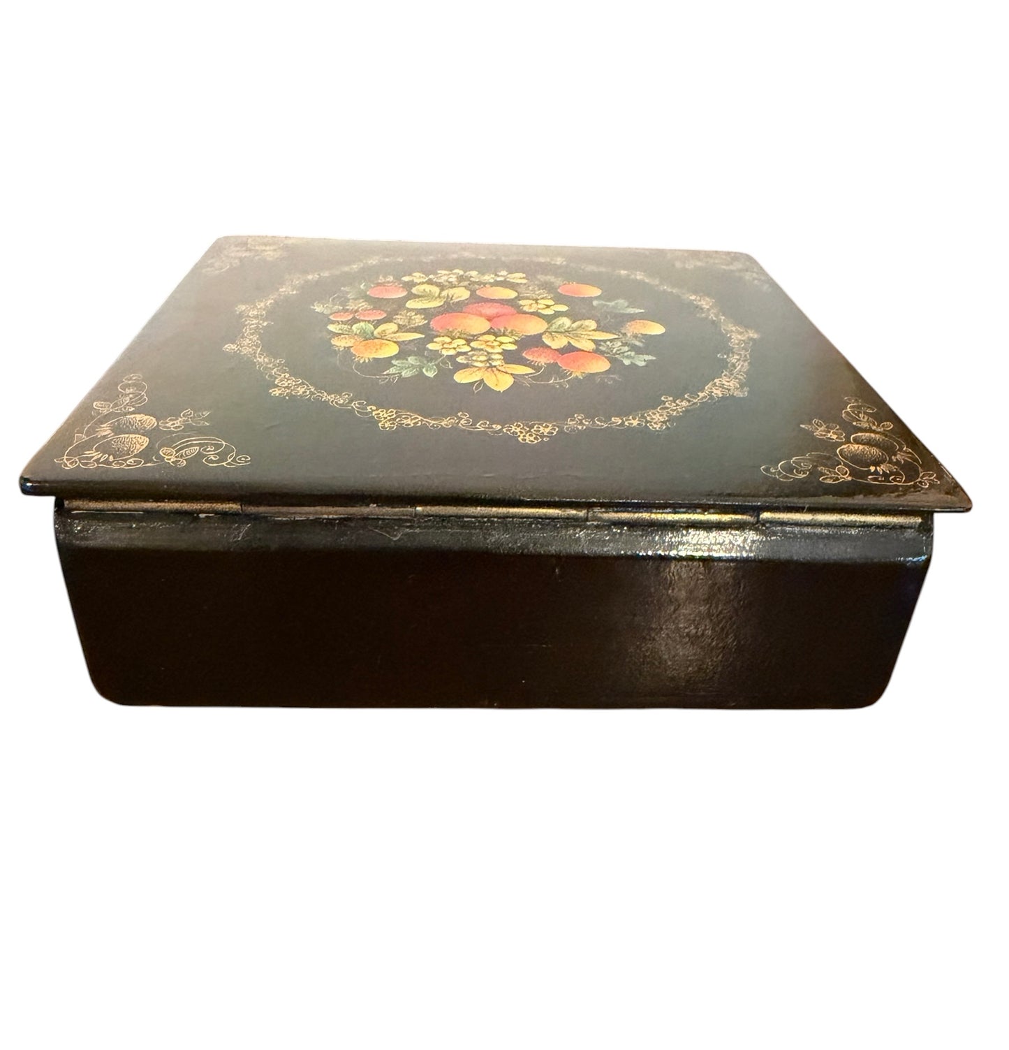 Rare 1950’s Russian Vintage Lacquer Box – Hand-Painted Floral Papier-Mâché Trinket Box
