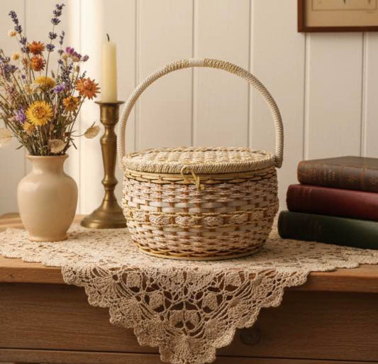 Vintage Woven Sewing Basket - Mid-Century Craft Storage Treasure