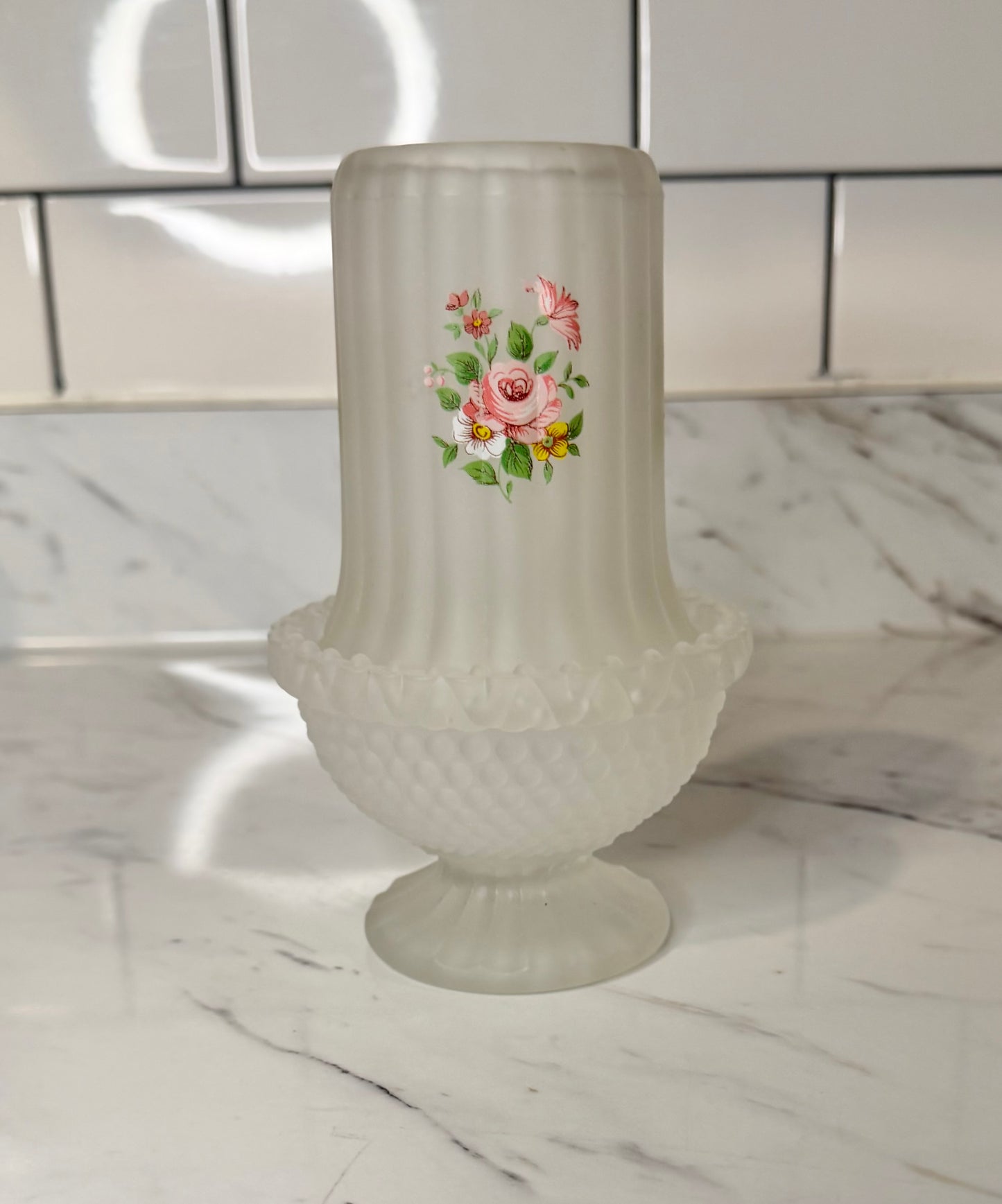 Vintage Frosted Satin Glass Fairy Lamp with Pink Roses