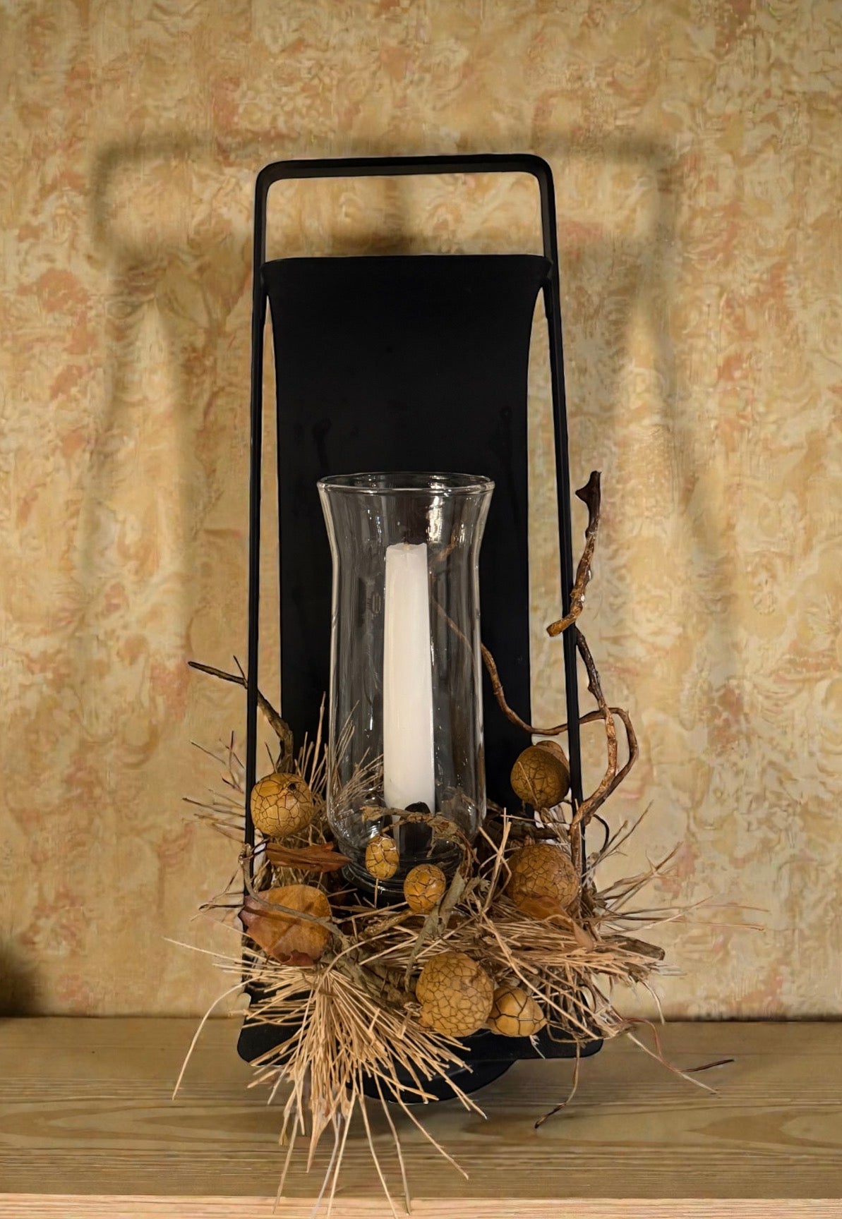 Vintage Farmhouse Lantern Candle Holder with Glass Hurricane Shade - Table Top or Wall Mount