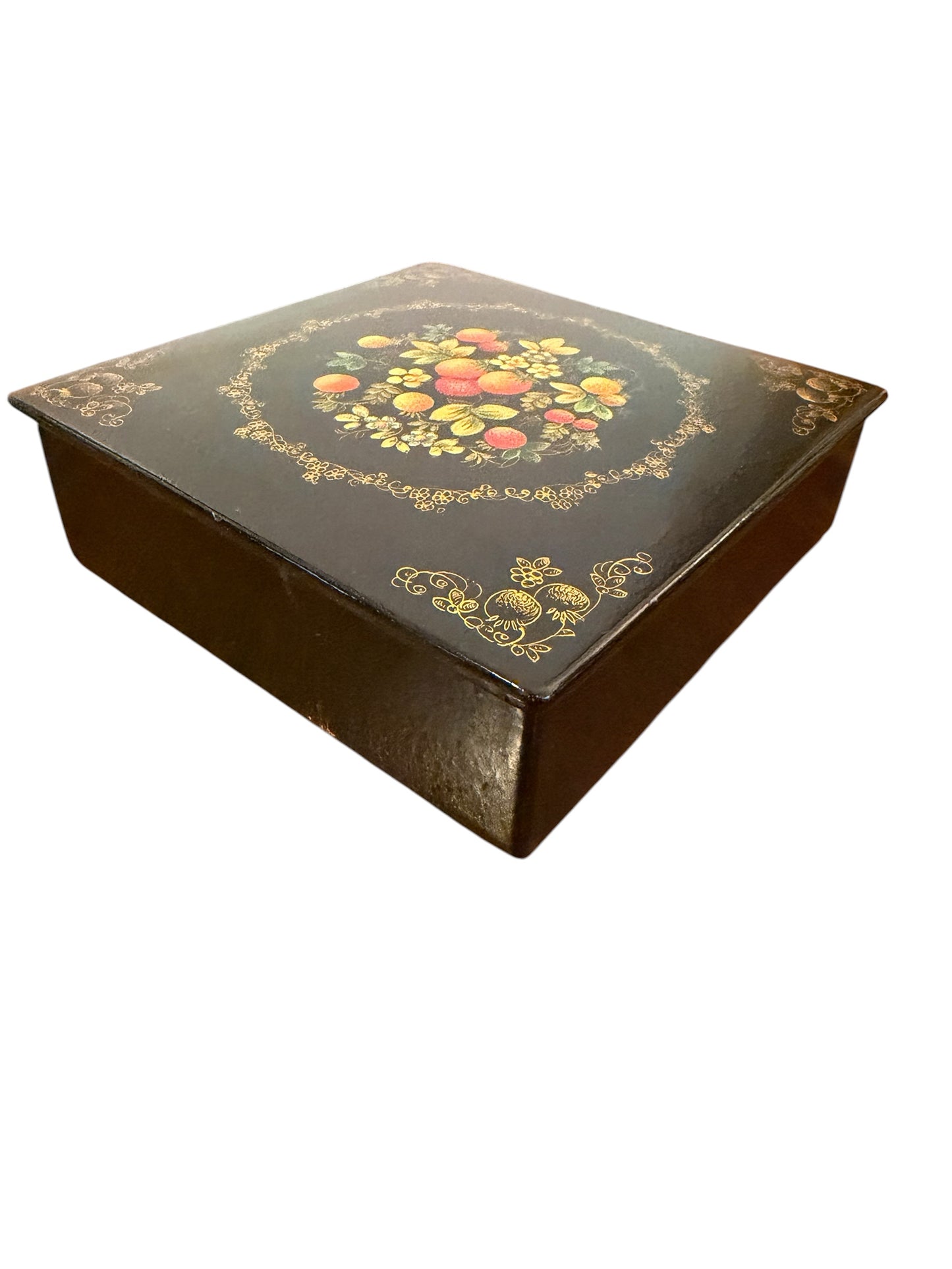 Rare 1950’s Russian Vintage Lacquer Box – Hand-Painted Floral Papier-Mâché Trinket Box
