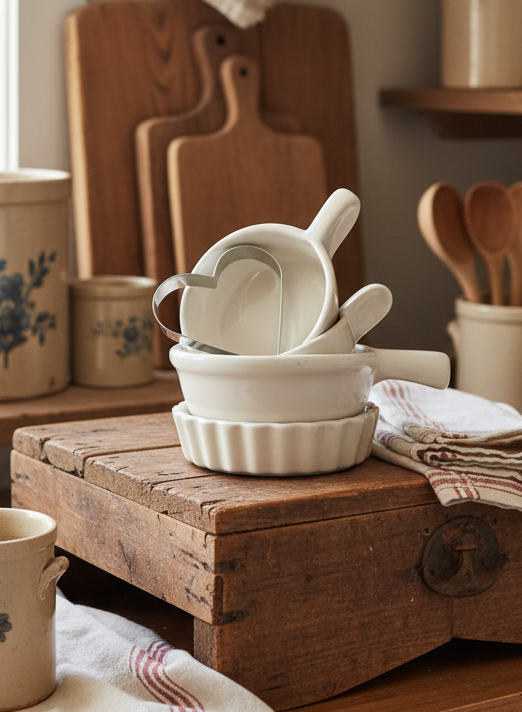 Curated Vignette Restaurant Ware Farmhouse Stack | HALL China, DC USA & Heart Cookie Cutter