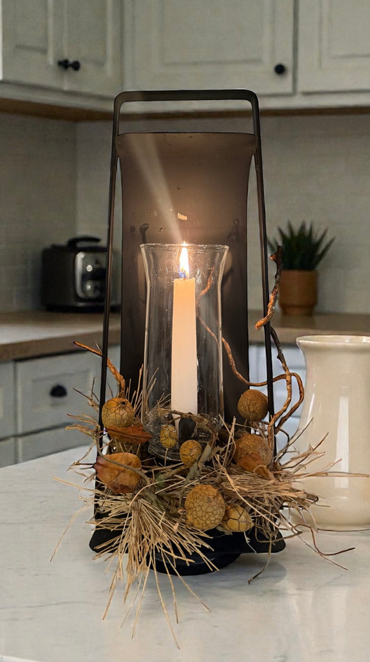 Vintage Farmhouse Lantern Candle Holder with Glass Hurricane Shade - Table Top or Wall Mount