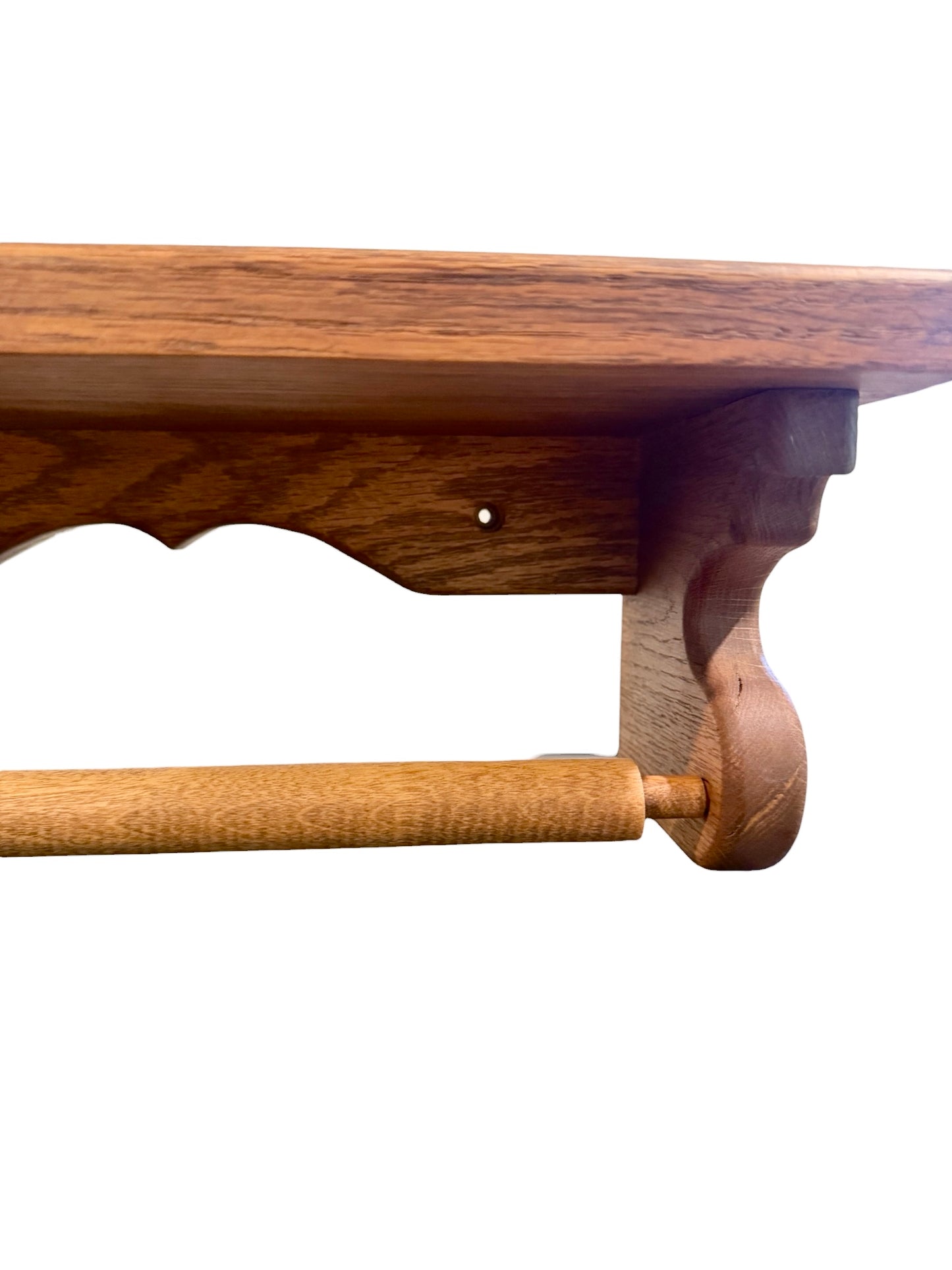 Handmade Oak Vintage Wall-Mounted Paper Towel Holder with Shelf – Scalloped Wood Design