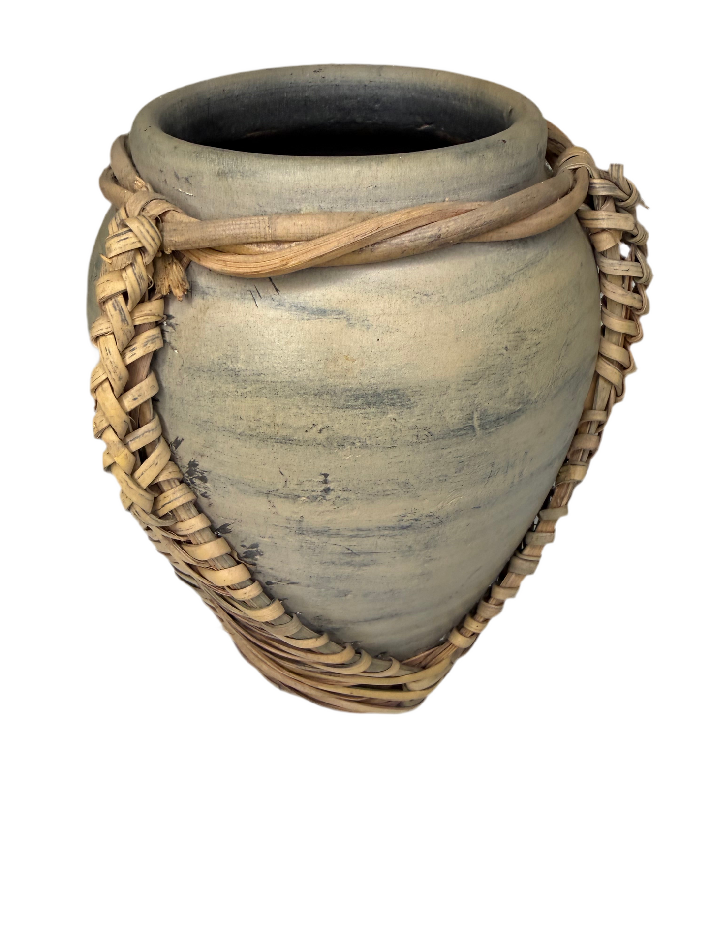 Rustic Pottery Vase with Woven Rattan Handle – Boho Farmhouse Decor
