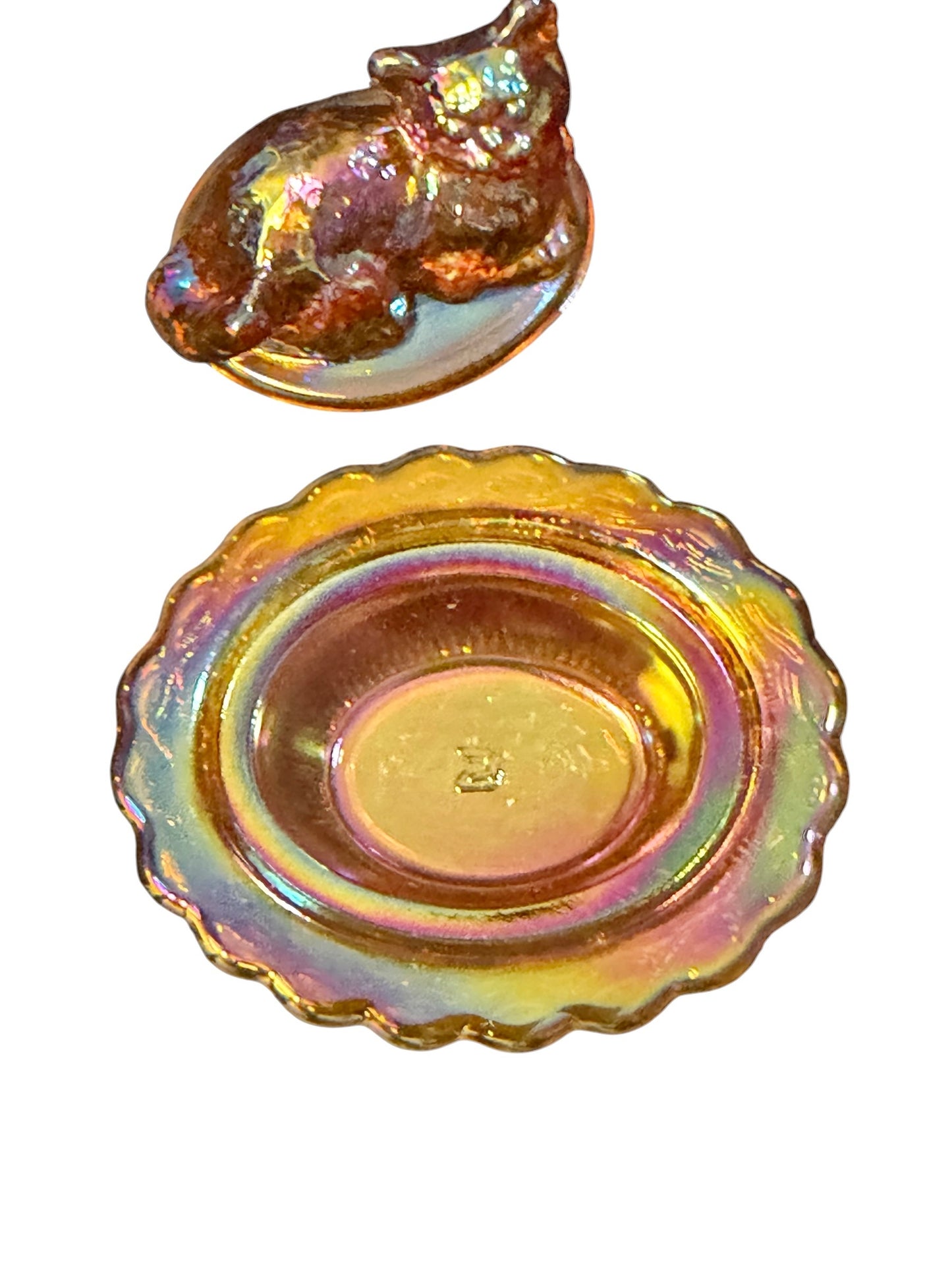 Mosser Glass Marigold Carnival Glass Mini Cat on Basket Covered Salt Cellar | Trinket Box