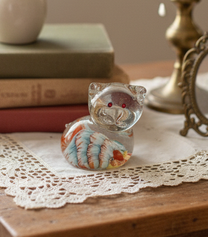 Clear Art Glass Cat Vintage Figurine | Hand-Blown Millefiori Miniature Sculpture | 2.5”