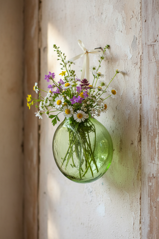 Hand-Blown Vintage Green Glass Wall Pocket Vase | Hanging Canteen Style Propagation Vase | Artisan Glass