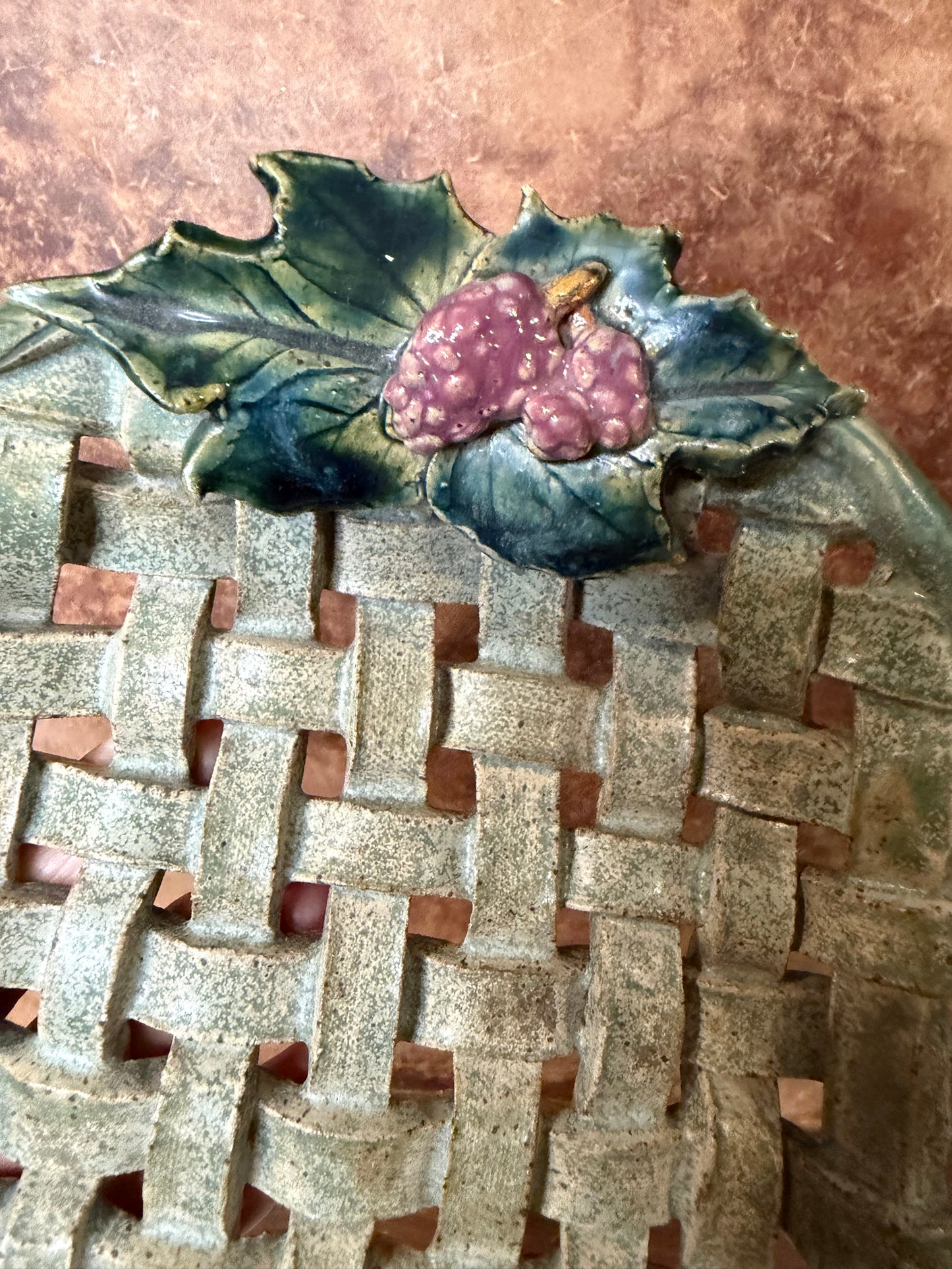 Handmade Rustic Woven Pottery Basket Bowl – Grape & Vine Design