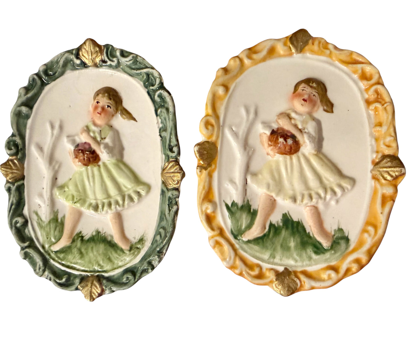 Vintage Mid-Century Porcelain Wall Plaque Pair – Hand-Painted Girl with Basket (Enesco / Occupied Japan Style)