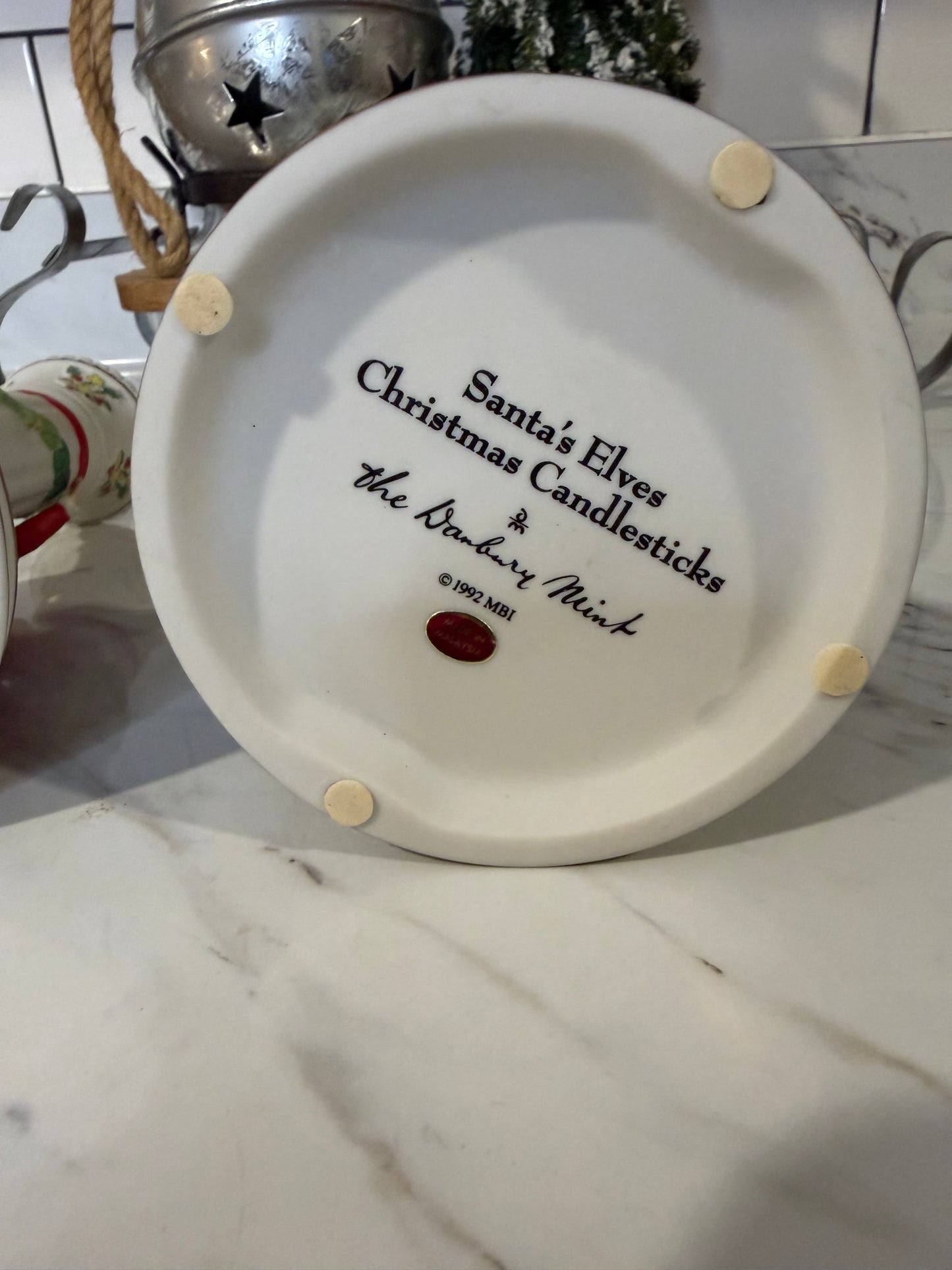 Vintage Danbury Mint “Christmas Candlesticks” — Mrs. Claus & Elves — 1990s Ceramic Pair with 23kt Gold Accents