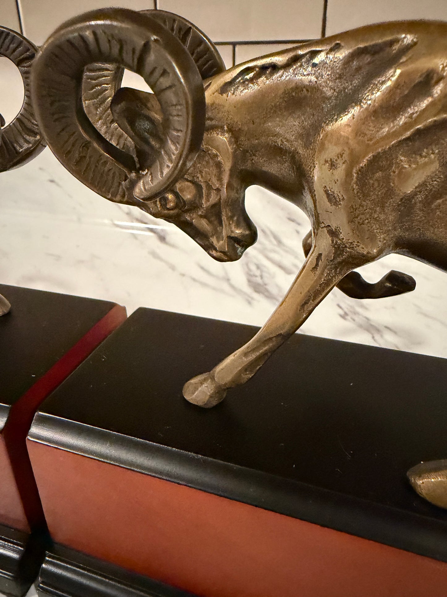 Pair of Vintage Brass Ram Bookends — Wood Base —
Mid Century