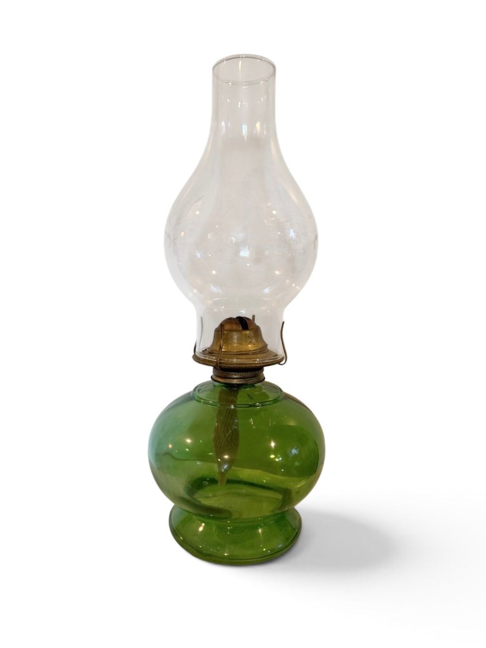 Flashed Green Glass Vintage Hurricane Oil Lamp with Etched Floral Chimney – 15.5”