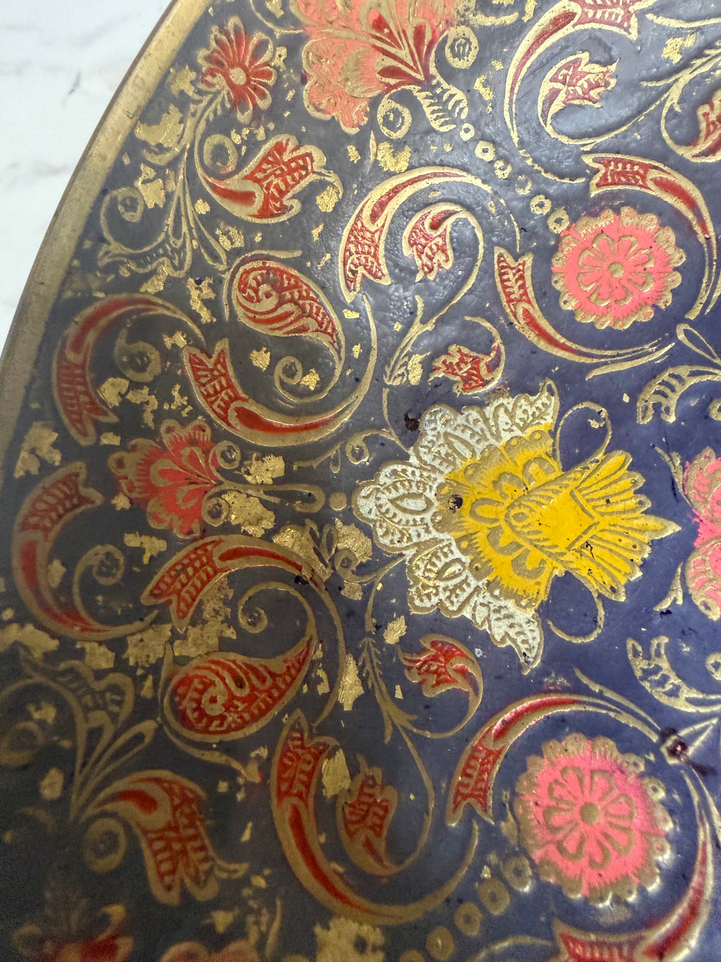 Vintage Brass Enameled Footed Bowl with Floral Design