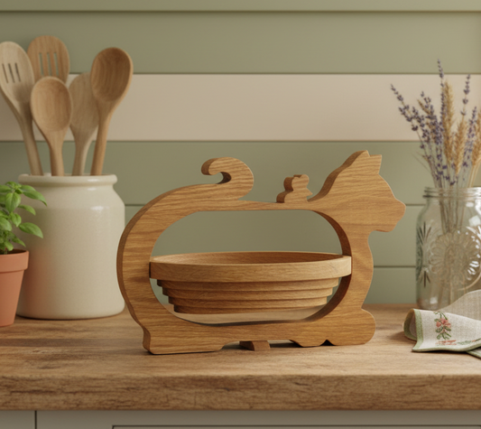 Collapsible Vintage Wooden Cat Trivet & Expanding Basket | Handcrafted Folk Art Kitchen Decor