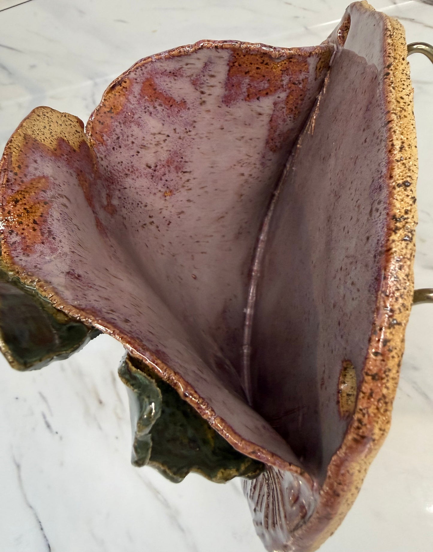 Handmade Ceramic Wall Pocket with Ginkgo Relief – Purple & Green Studio Pottery Vase