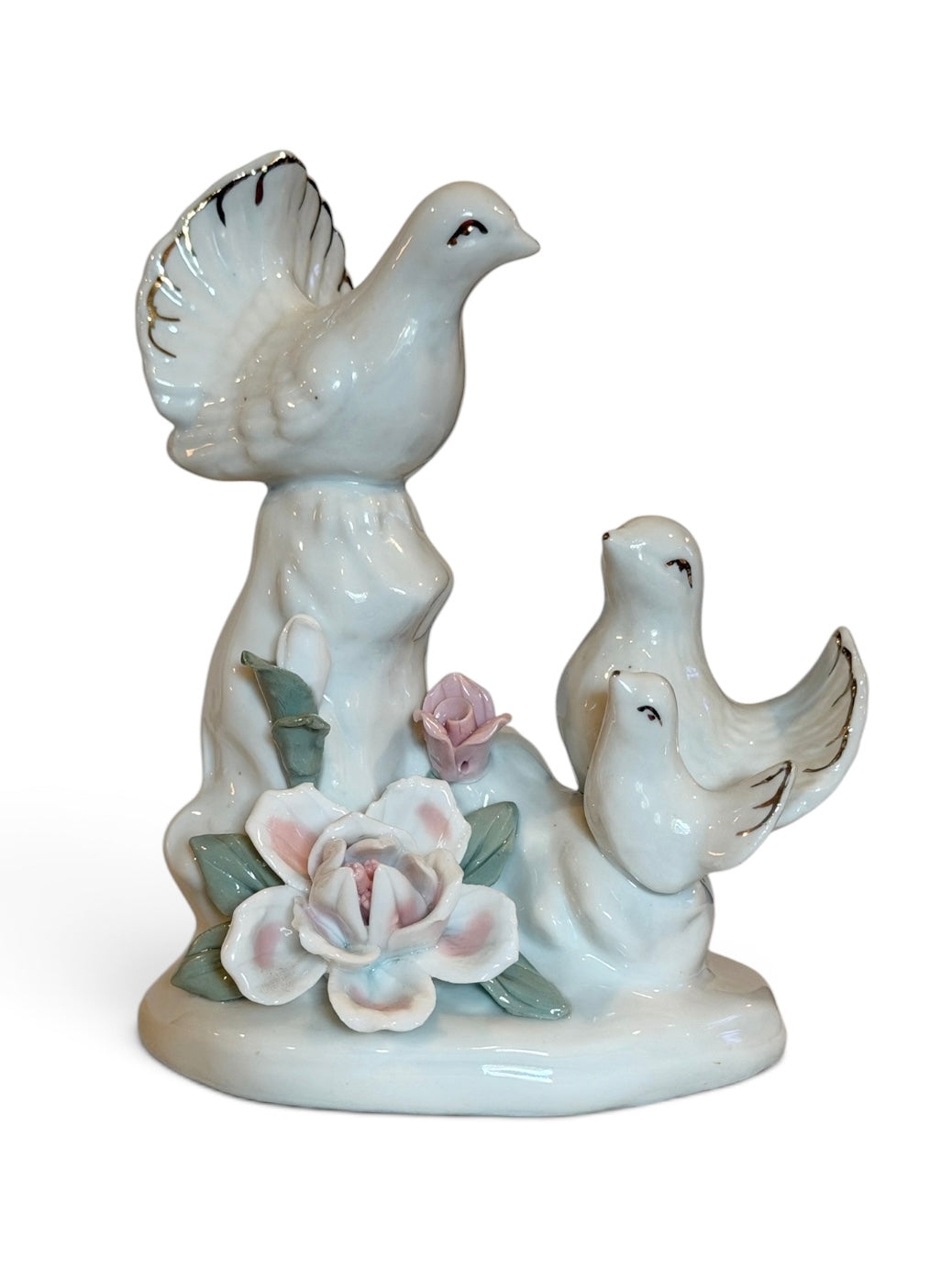 Porcelain Vintage Dove Family Figurine with Applied Flowers & Gold Accents
