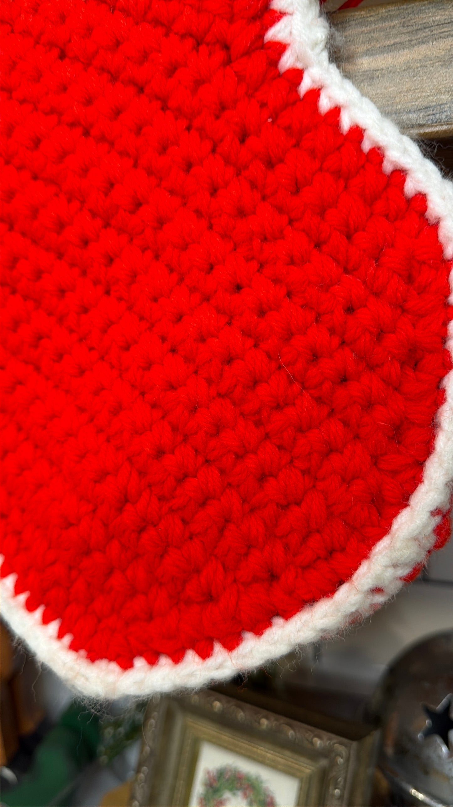 Vintage Hand-Crocheted Christmas Stocking – Red with White Trim, 19”