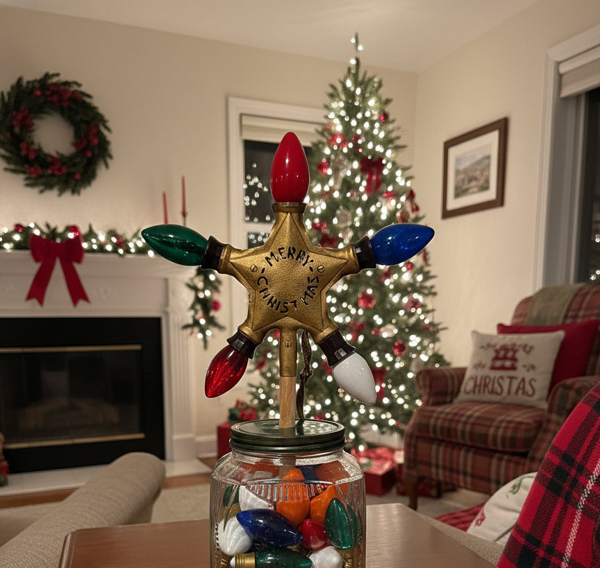1940s Vintage Noma “Star of Bethlehem” Lighted Christmas Tree Topper — Gold Metal with “Merry Christmas” Embossed