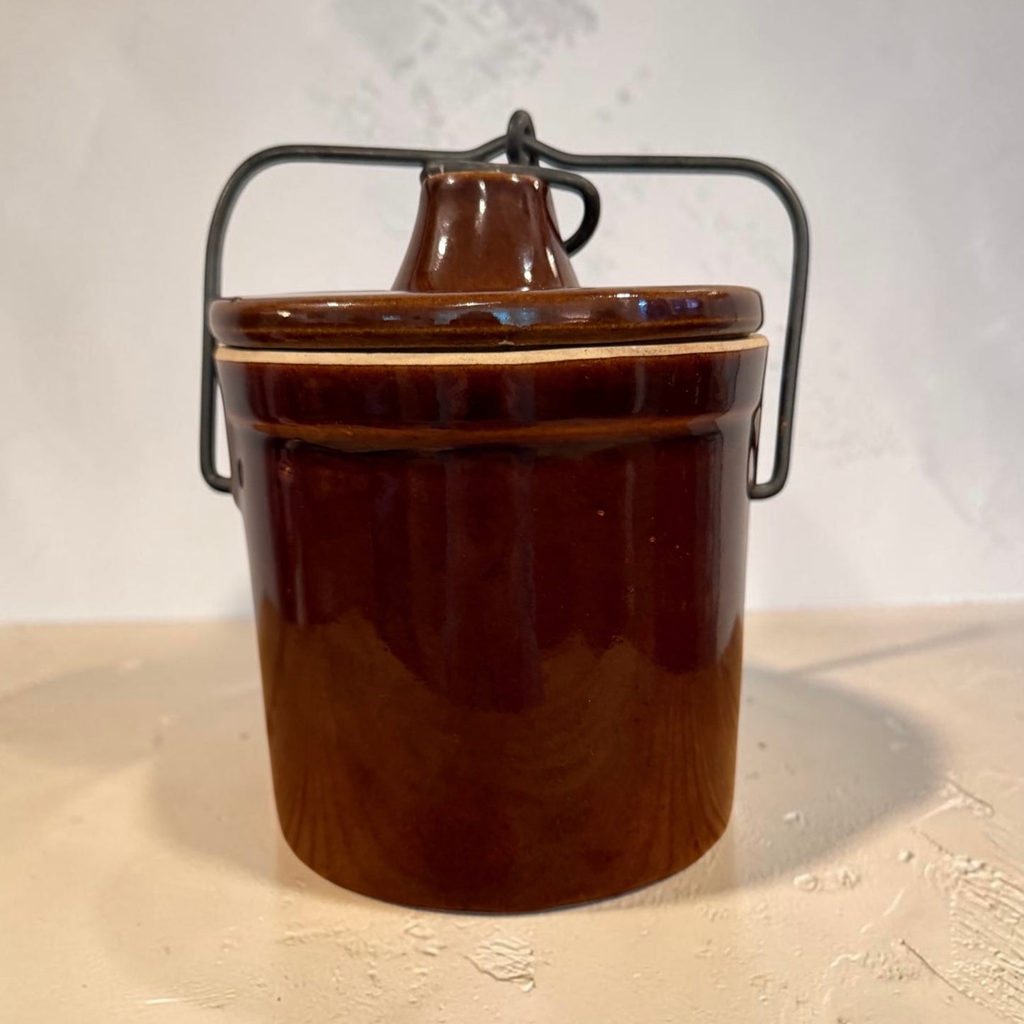 Brown Vintage Stoneware Cheese Crock with Wire Bail Lid | Made in USA