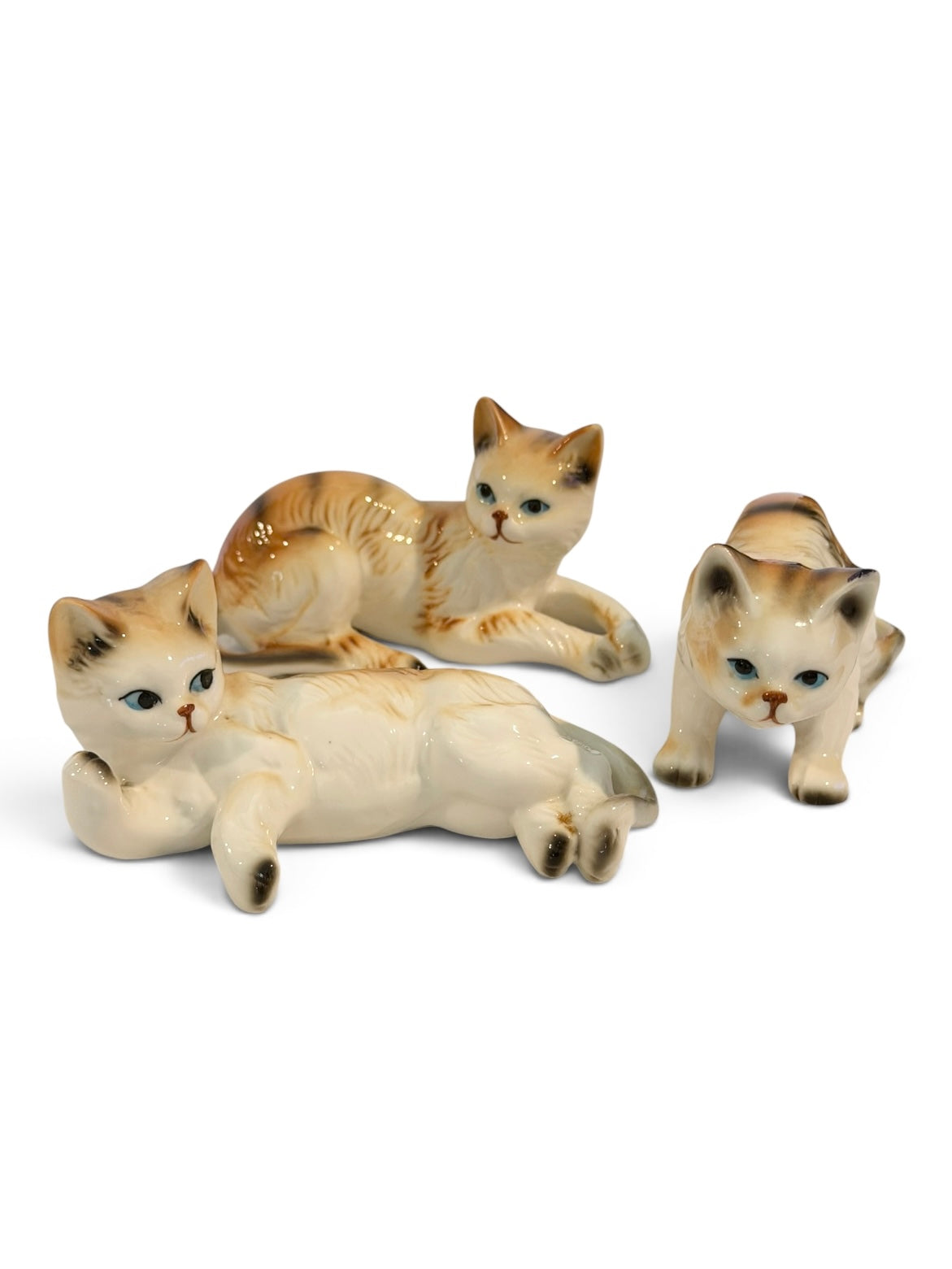 Ginger Tabby Vintage Cat Figurines – Set of 3 Hand-Painted Porcelain Cats Taiwan
