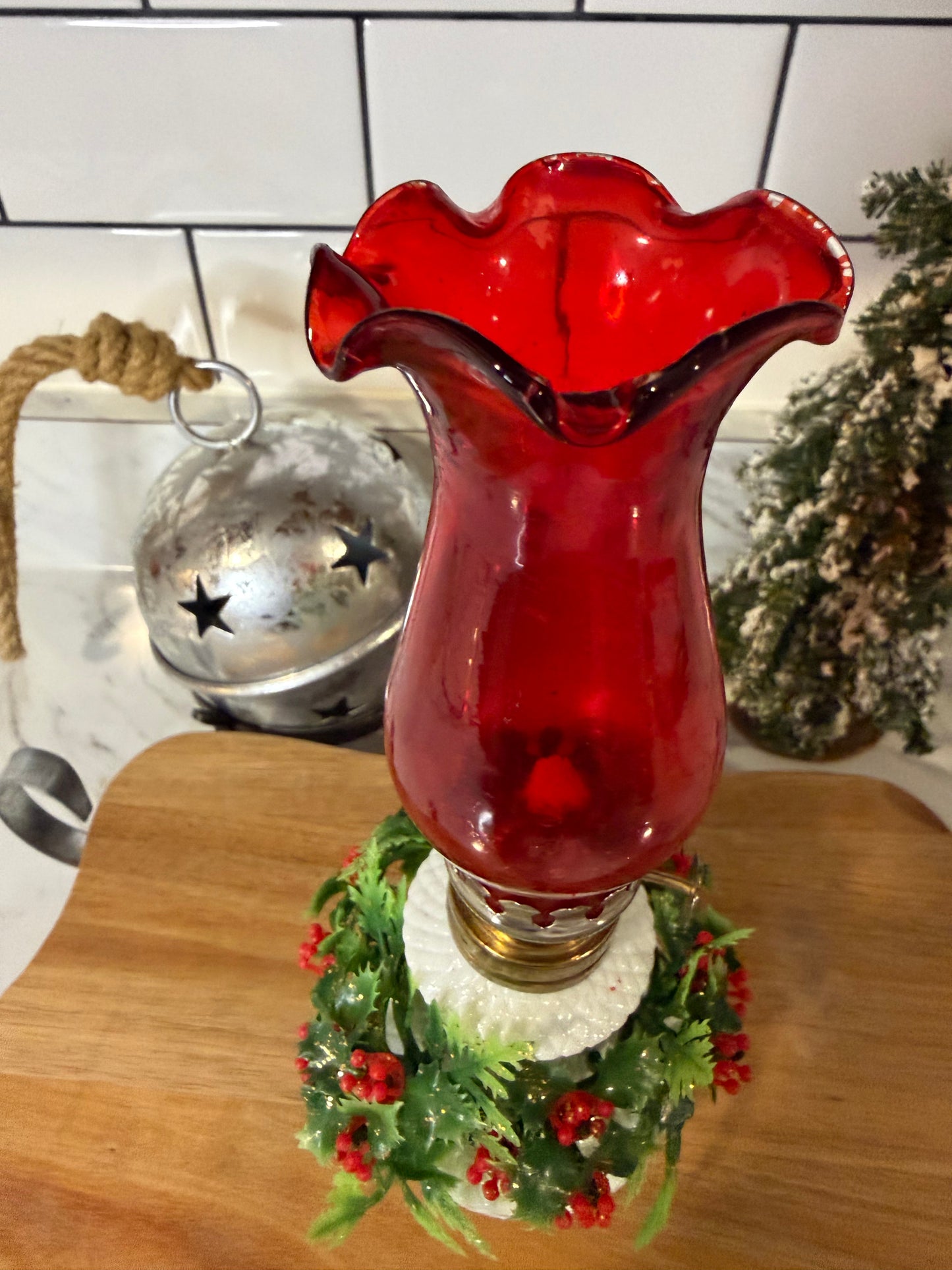 Vintage Milk Glass Oil Lamp – Red-Coated Glass Chimney with Holly Berry Wreath