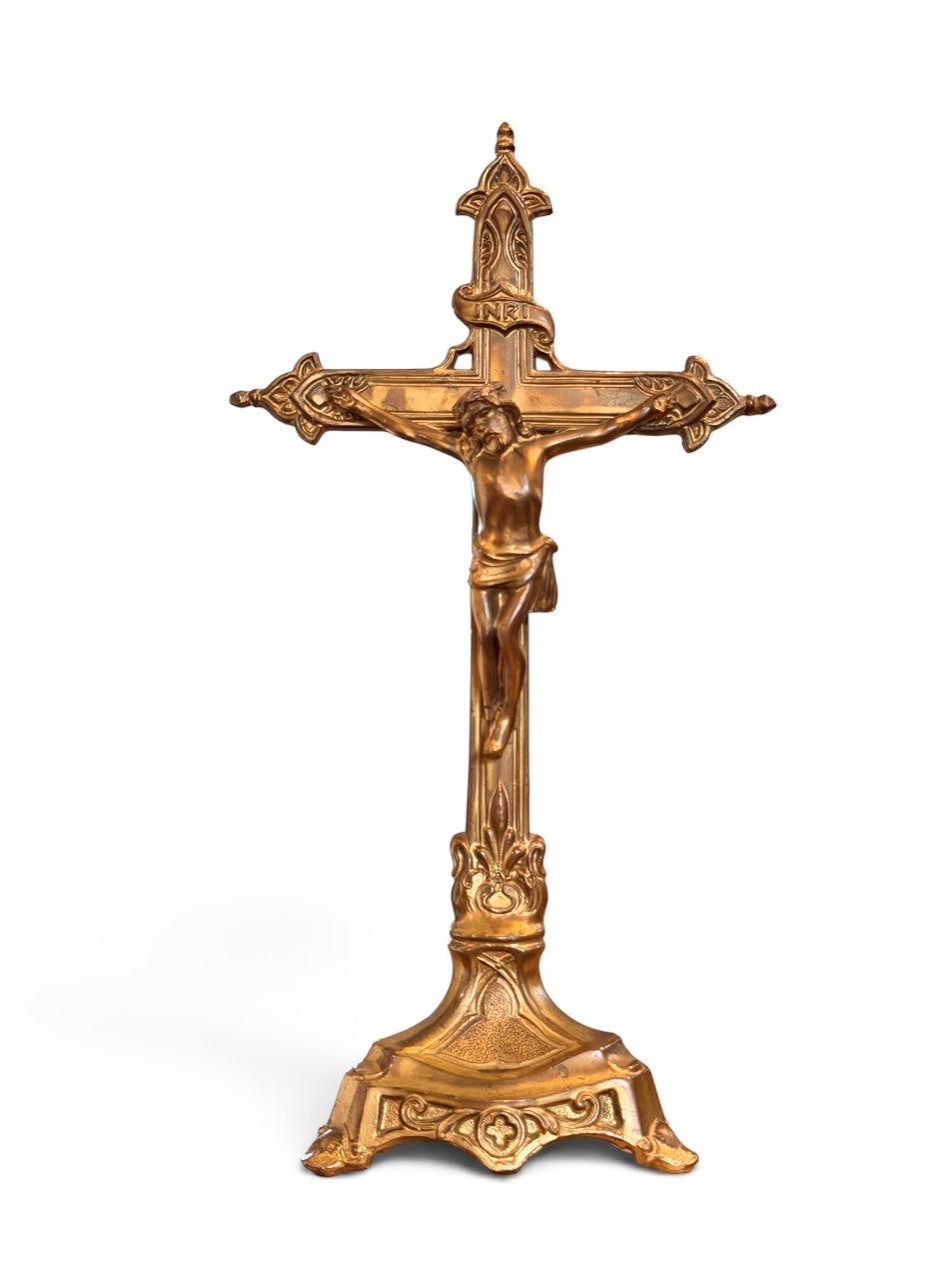 Baroque Revival Vintage Standing Altar Crucifix – Ornate Solid Brass (Non-magnetic) Tabletop Cross 9.5”
