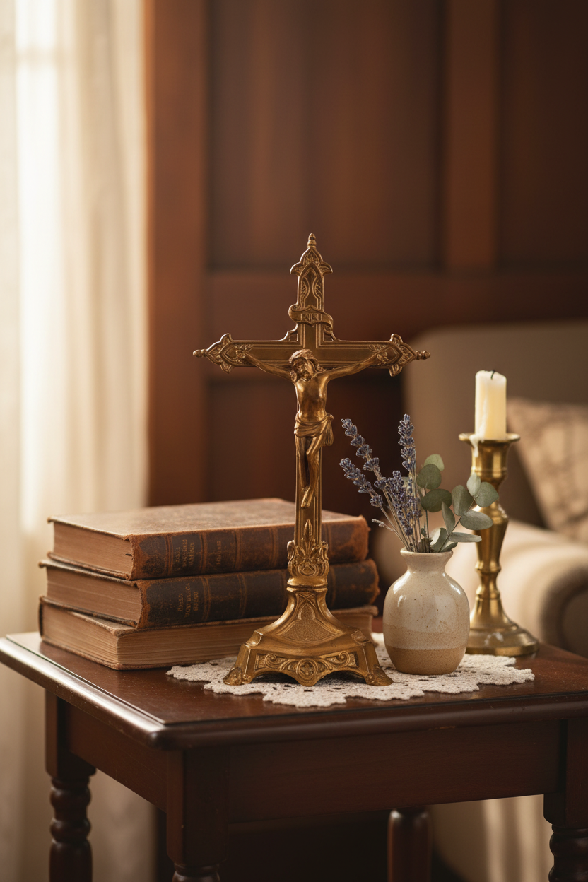 Baroque Revival Vintage Standing Altar Crucifix – Ornate Solid Brass (Non-magnetic) Tabletop Cross 9.5”