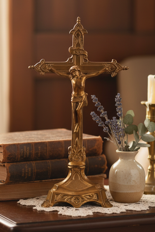 Baroque Revival Vintage Standing Altar Crucifix – Ornate Solid Brass (Non-magnetic) Tabletop Cross 9.5”