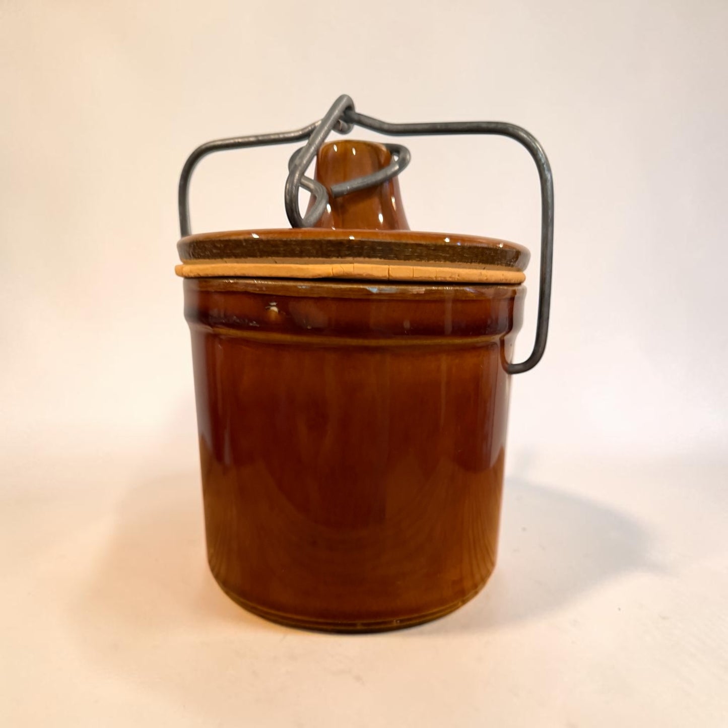 Brown Vintage Stoneware Cheese or Butter Crock with Wire Bail Lid