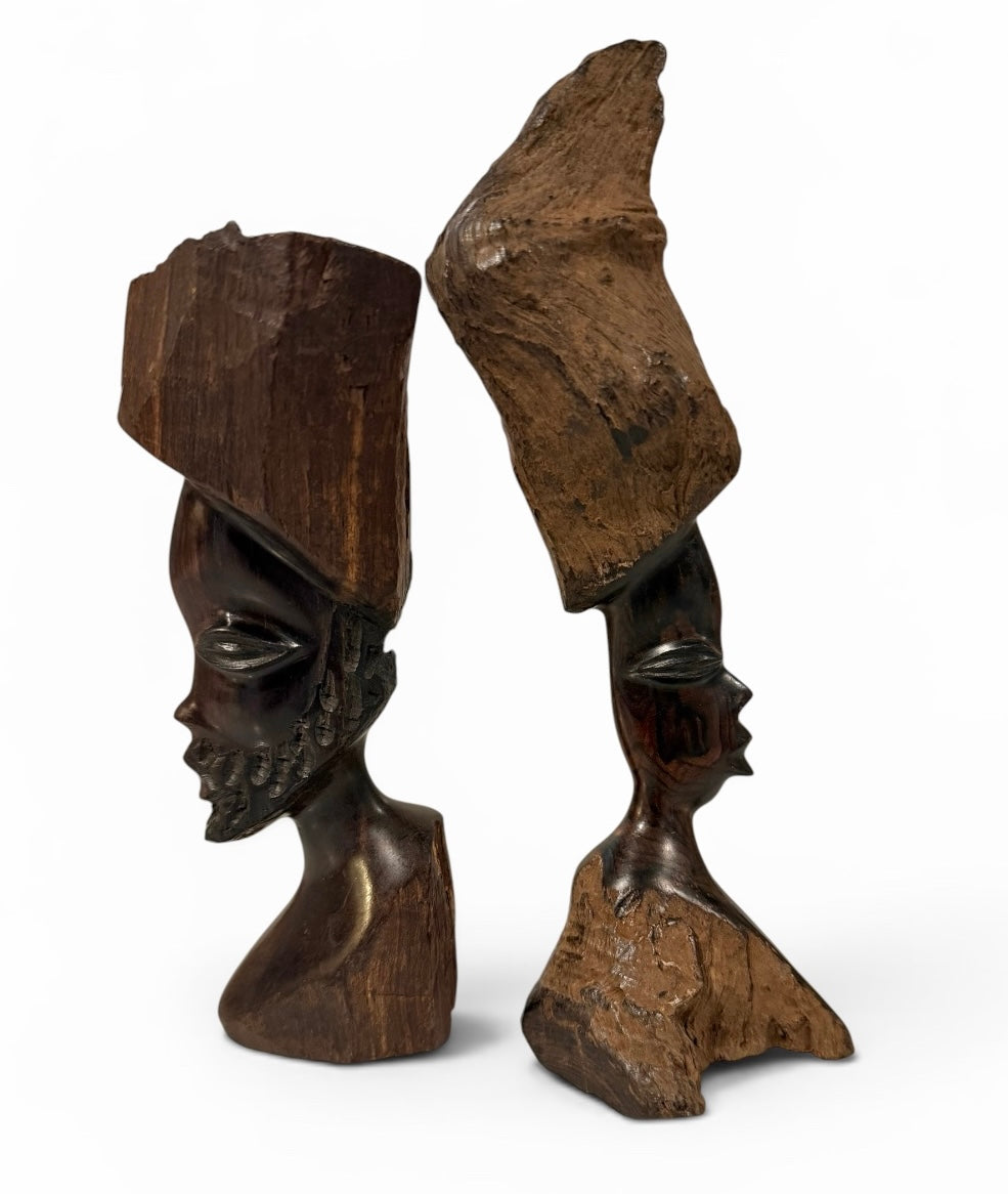 Hand-Carved Vintage African Tribal Bust Sculptures – Matching Male & Female Pair – Mid-Century Folk Art